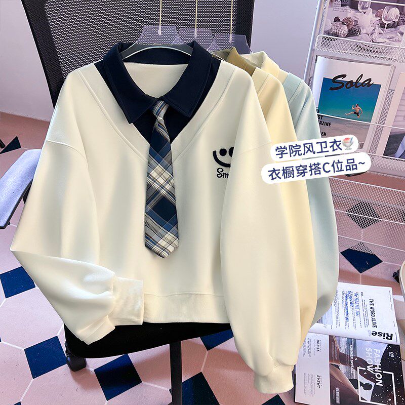 初中生学院风长袖卫衣女宽松时尚小个子高中学生假两件翻领上衣秋