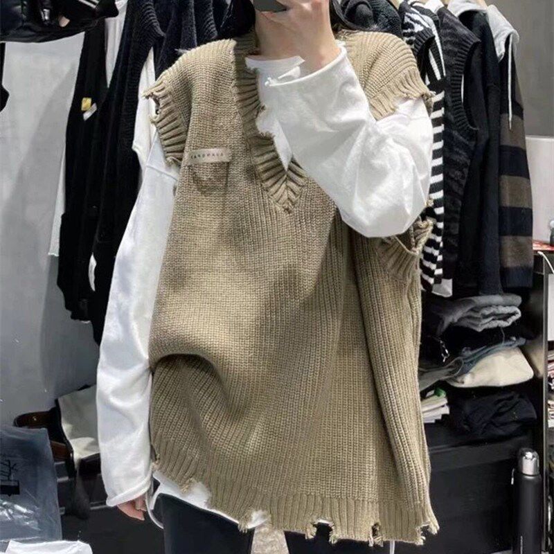 针织毛衣马甲背心女秋冬2024早春新款慵懒风无袖破边叠穿V领马夹