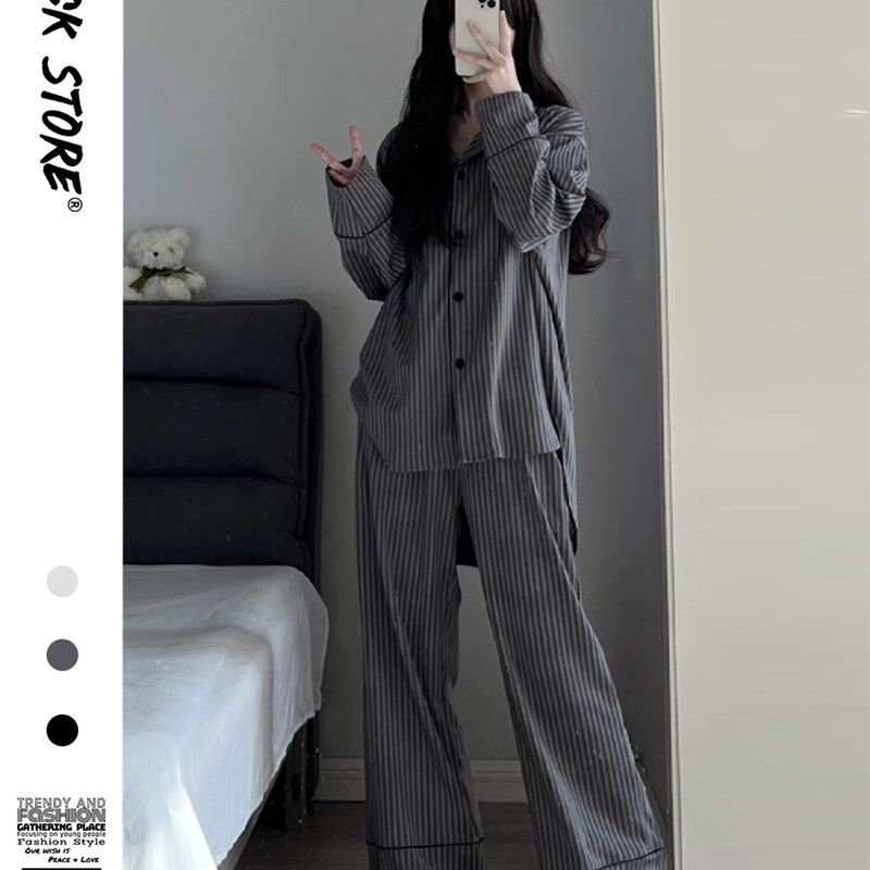 韩风高级条纹长袖睡衣女春秋季2024G年新款网红家居服开衫长裤套