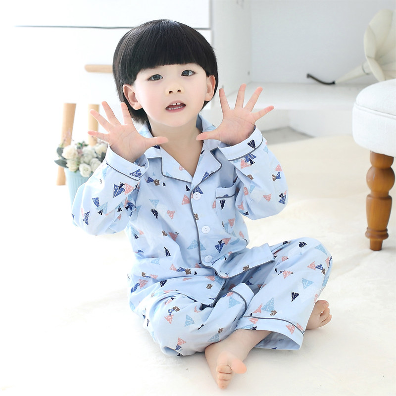 儿童睡衣男孩春秋纯棉薄款全棉棉布长袖男童小孩夏纽扣开衫家居服