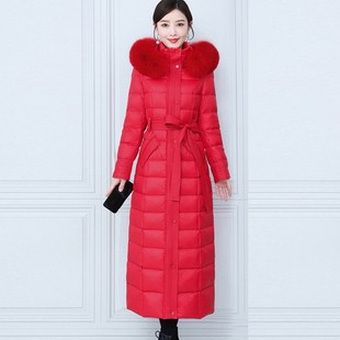 免洗亮面加厚超长款 白色大毛领 羽绒服女长过膝到脚踝2023年新款