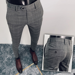 高级感裤子男装2023新款春秋潮牌新款西装裤修身小脚格子九分西裤