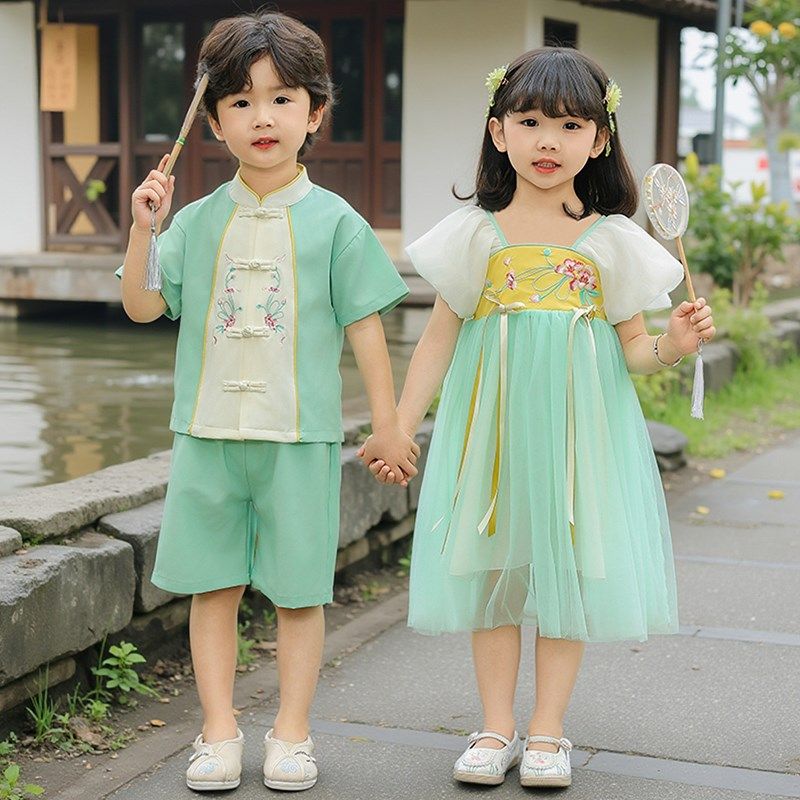 儿童汉服男童唐装套装男女宝宝夏季六一古装演出服装女童端午礼服