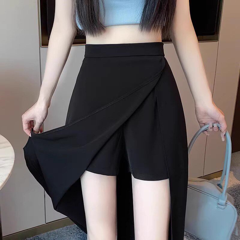不规则黑色半身裤裙女春夏小个子中长款防走光a字开叉一步包臀裙