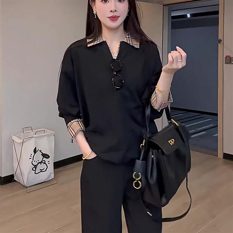 韩版假两件卫衣女春秋款2024新款爆款设计感黑色休闲宽松长袖上衣