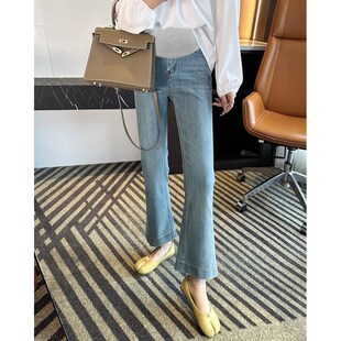 孕妇微喇牛仔裤子春夏季薄款2025新款外穿复古蓝孕期小个子九分裤