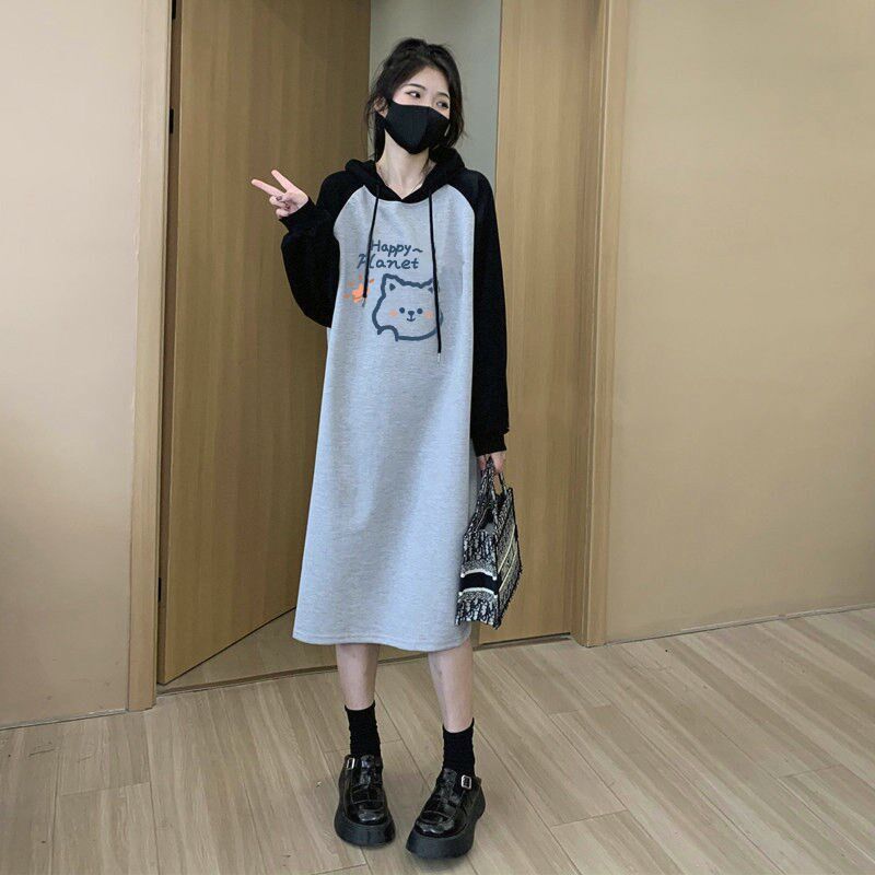 早秋季长袖小个子连衣裙薄款春秋款百搭宽松休闲连帽过膝卫衣长裙
