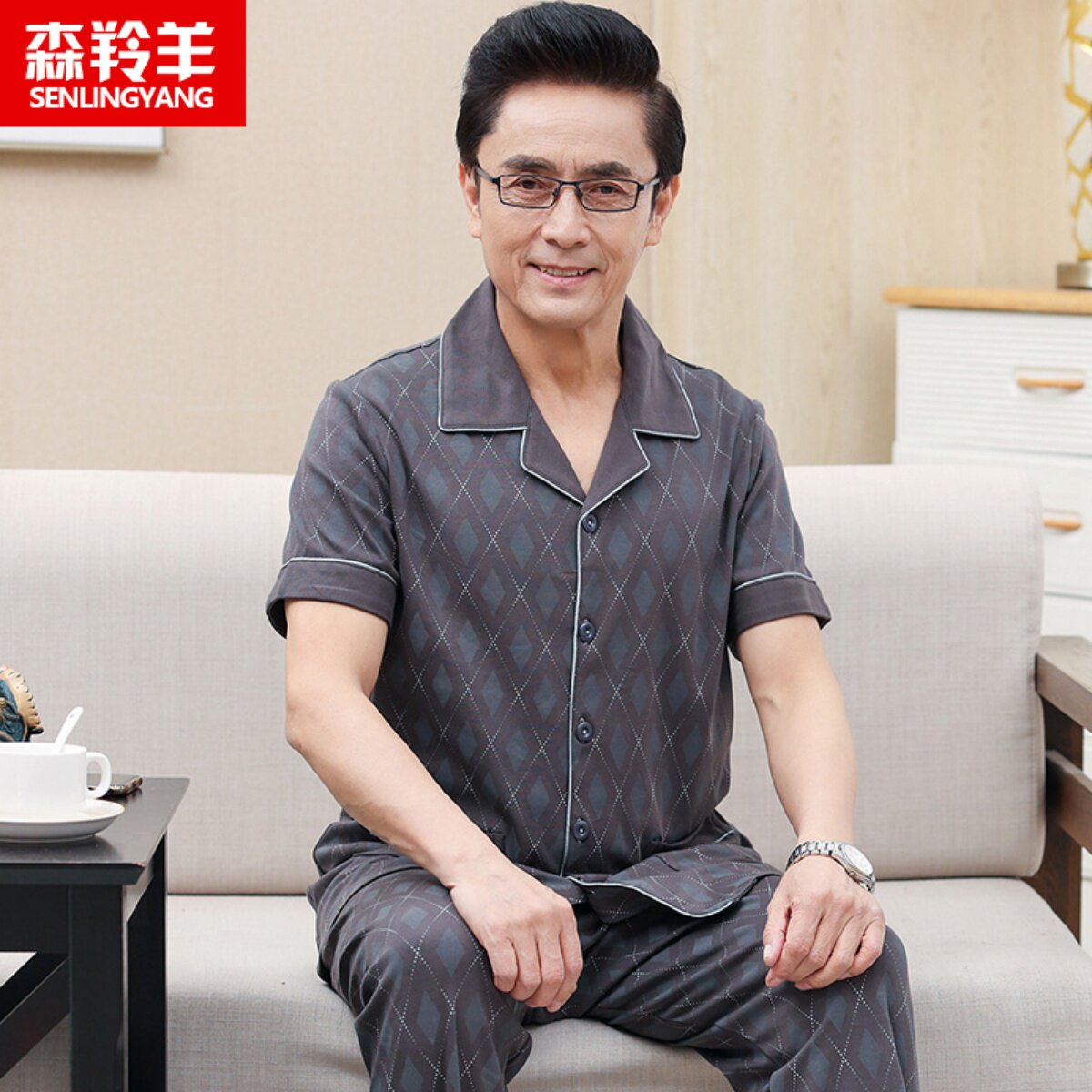 男士睡衣夏季纯棉短袖中老年人爸爸休闲可K外穿全棉薄款家居服套