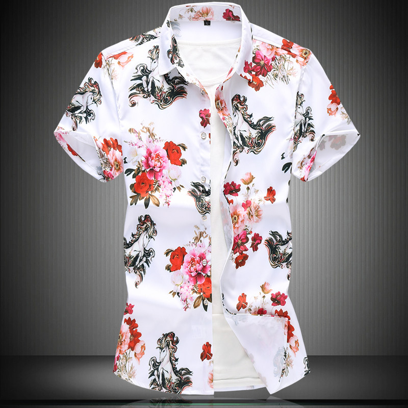 2021夏季新款男士修身短袖衬衫中国风男加肥加大码碎花衬衣潮男装