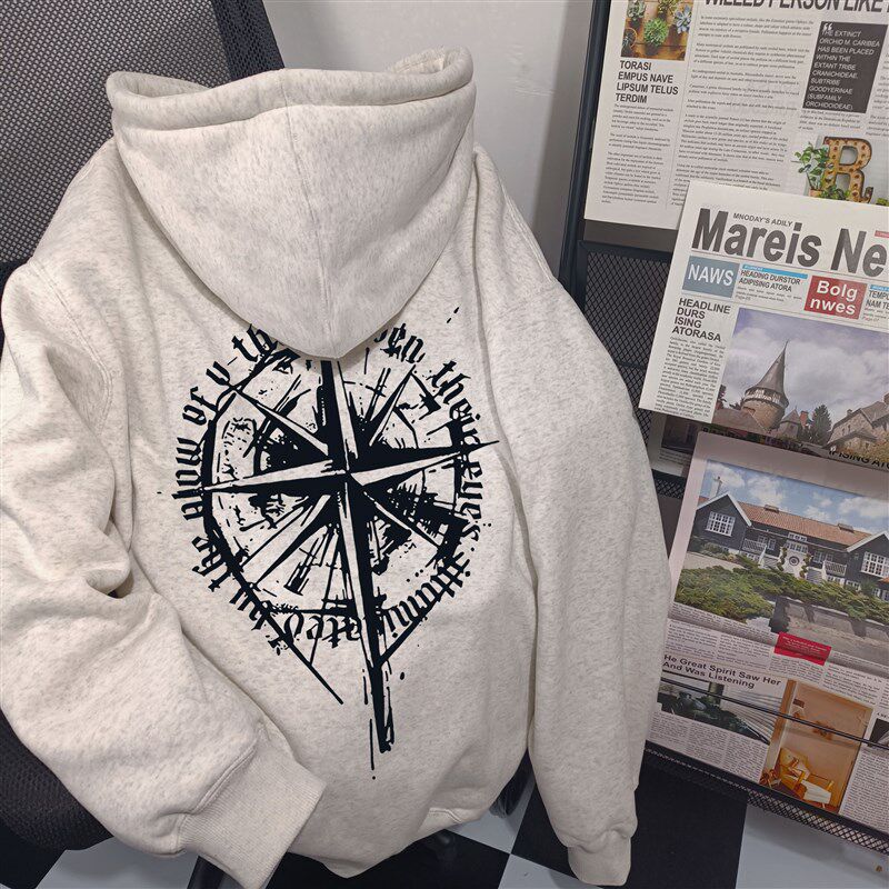 美式复古重磅花灰色连帽卫衣男女小众设计感秋季宽松百搭外套上衣