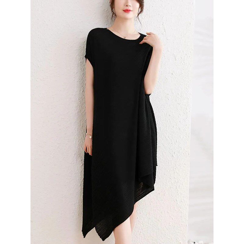 夏季300斤大码中长款高级短袖连衣裙胖mm洋气宽松遮肉简约针织裙