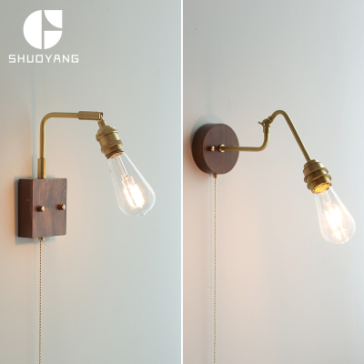 烁阳胡桃木壁f灯日式卧室床头灯泡复古背景墙书店侘寂风带开关灯