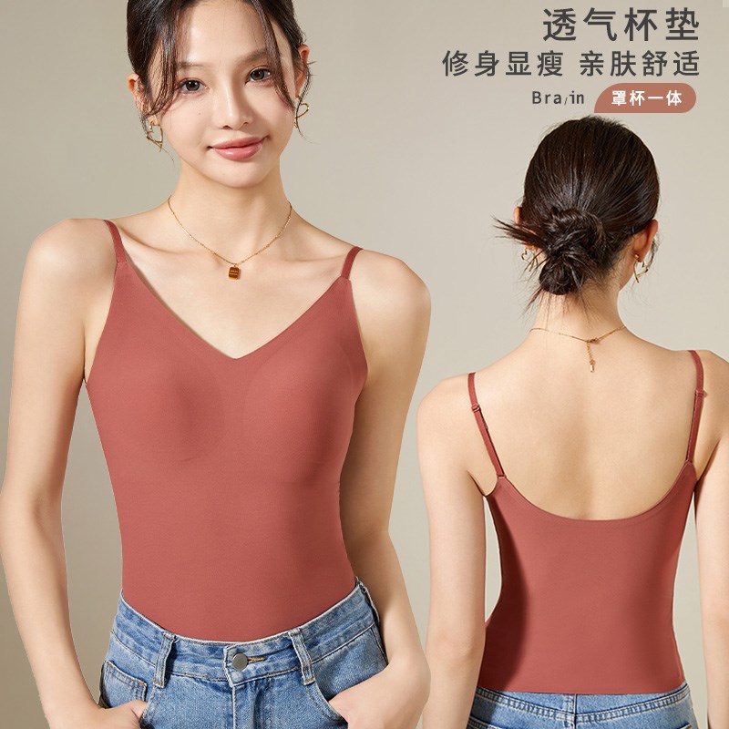 2025新款春夏冰m丝无痕美背带胸垫文胸一体吊带背心内搭V领上衣女
