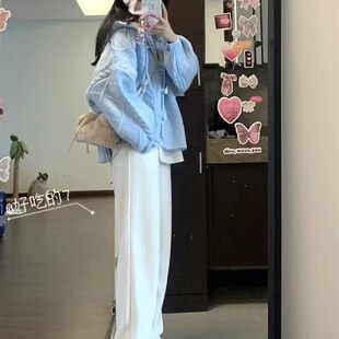 秋冬季小个子软糯慵懒风奶fufu蓝色连帽开衫毛衣阔腿裤两件套装女