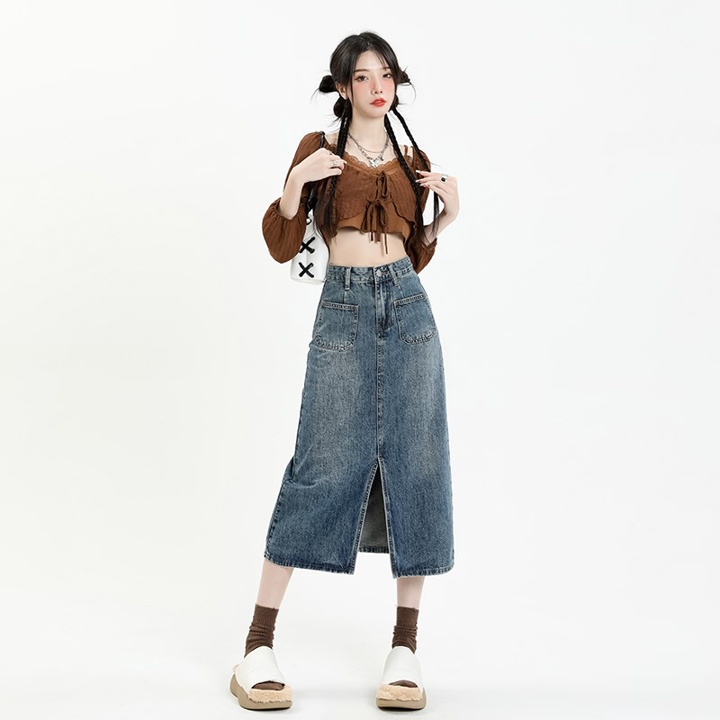 牛仔半身裙女2023年新款春秋款做旧小个子开叉包臀裙长裙a字半裙