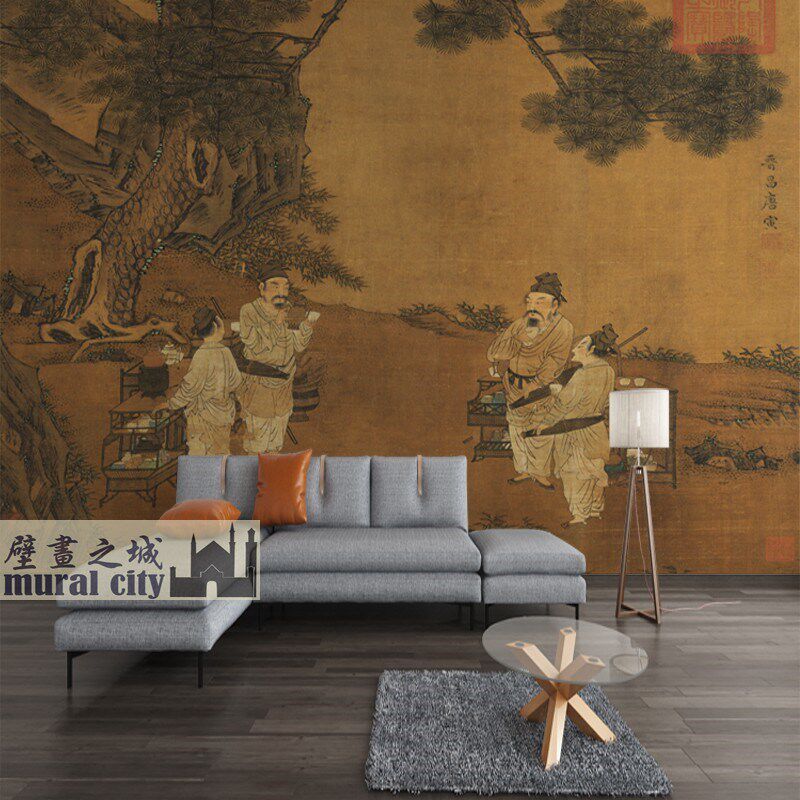 古代斗茶图品茶壁纸古人喝茶古画墙布画茶馆茶室墙纸中式背景画布