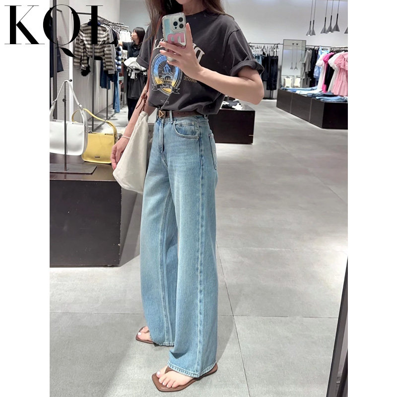 浅色阔腿牛仔裤女夏季2024年新款小个子宽松显瘦加长直筒拖地裤子