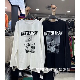 元熙883秋冬字母人物白色长袖T恤磨毛加厚大版打底衫中长款宽松潮