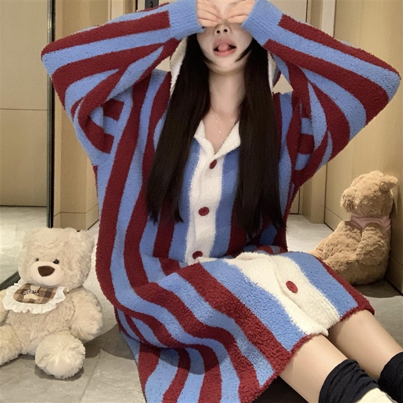 韩版简约条纹半边绒睡袍女款冬季2024新款加厚加绒睡X衣秋冬家居