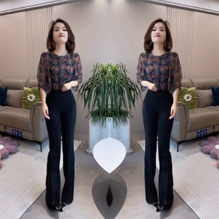 炸街网红爆款女装2023年夏季新款气质宽松套头碎花打底衫高腰裤子