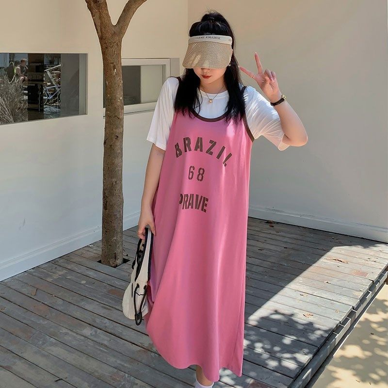 休闲连衣裙2023新款女夏220斤胖mm大码宽松运动风T恤吊带裙两件套,女装/女士精品,连衣裙,淘宝优惠券,粉丝福利购,淘宝优惠卷