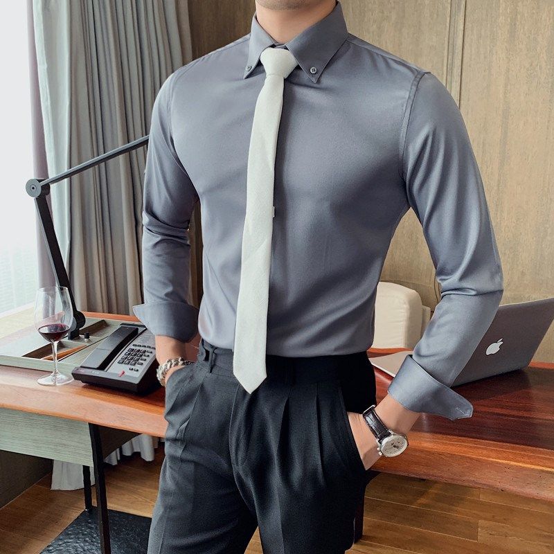 秋季韩版修身男士纯色长袖衬衫英伦商务休闲大领白色衬衣西装内搭