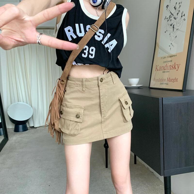 春夏季工装牛仔短裙女美式复古高腰a字半身裙辣妹防走光包臀裙裤