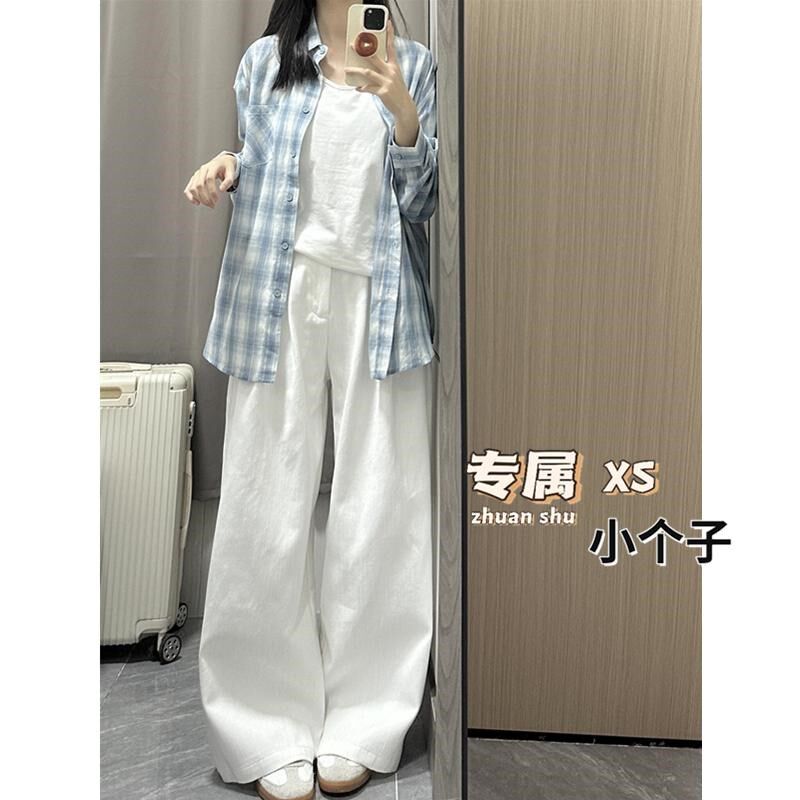 港风女装白色直筒牛仔裤女小个子褶皱高腰显瘦宽松垂感阔腿休闲裤