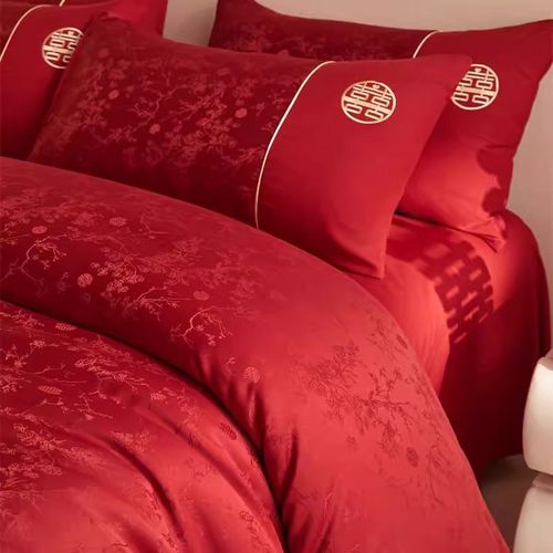 高档中式提花结婚四件套大红色新婚被套纯棉婚庆床上用品婚房陪嫁