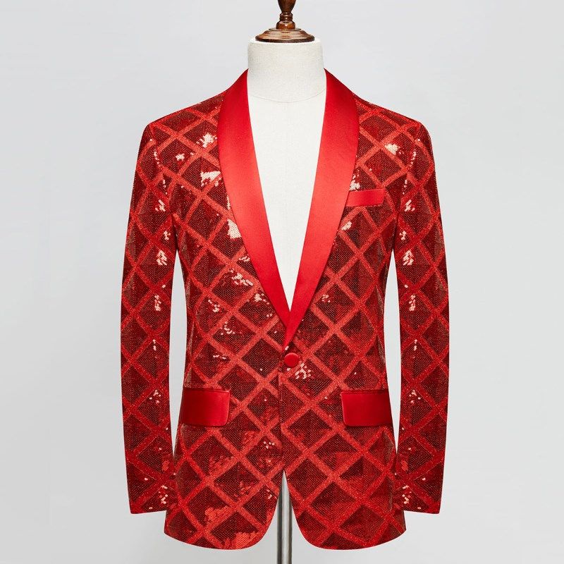 红色亮片西装男舞台装时尚修身宴会结婚礼服晚会主持人歌手演出服