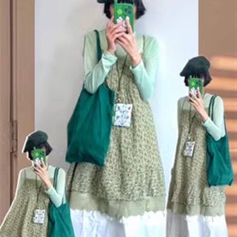 森系小清新碎花吊带连衣裙薄款棉麻花边拼接风琴褶背心吊带裙女夏