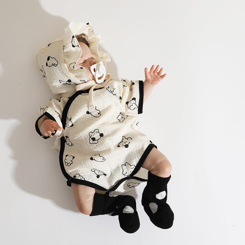婴姿新生婴儿衣服夏纱布爬服半袖宝宝包屁O衣透气薄款可爱连体衣