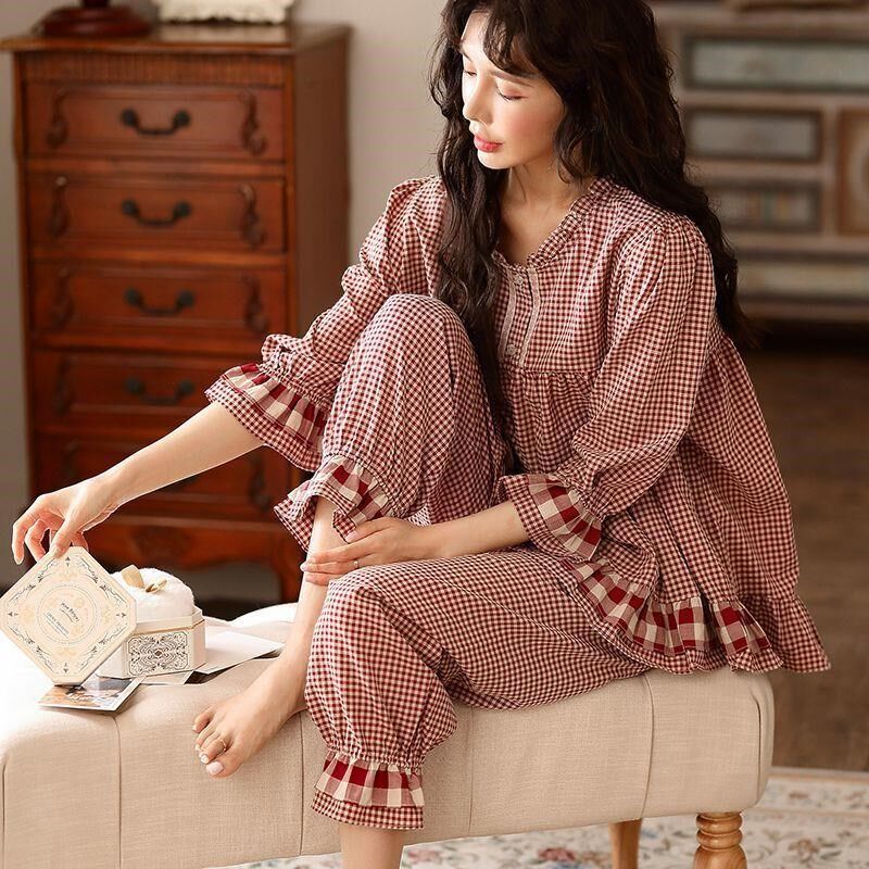 中袖纯棉睡衣女春夏季七分袖长裤薄款韩版格子控小个子家居服套装