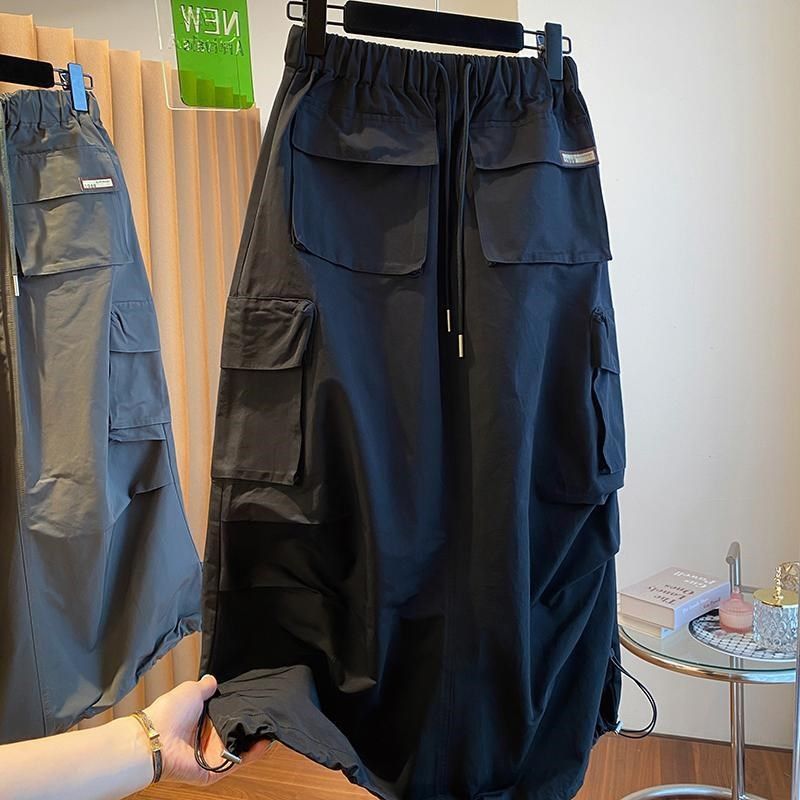 特大码300斤过膝设计感小众宽松休闲a字裙遮肚显瘦抽绳工装半身裙