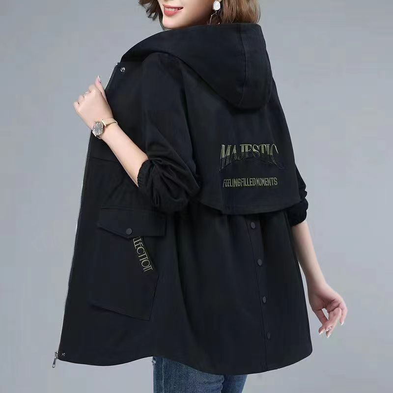大码中长款连帽风衣女2024春秋新款宽松洋气胖妹妹时尚休闲外套潮