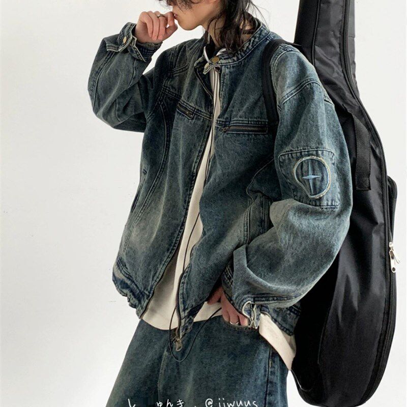 春秋日系复古刺绣水洗牛仔外套男BF风宽松立领休闲工装上衣服夹克