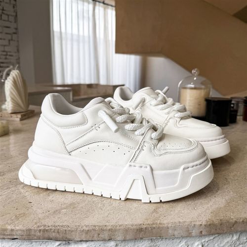 【帽子先森】松弛感白色松糕鞋男真皮厚底滑板鞋简约韩版小白鞋潮