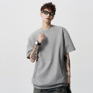300g重磅t恤男女款夏季硬挺廓形小领口短袖美式正肩高街灰色半袖