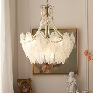 客厅灯法式复古珍m珠装饰浪漫玻璃羽毛吊灯轻奢美式简约大气房间