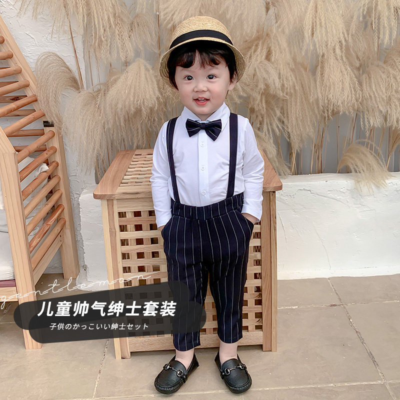 男童周岁礼服婴儿生日套装春秋1岁宝宝背带裤帅气英伦花童西服潮