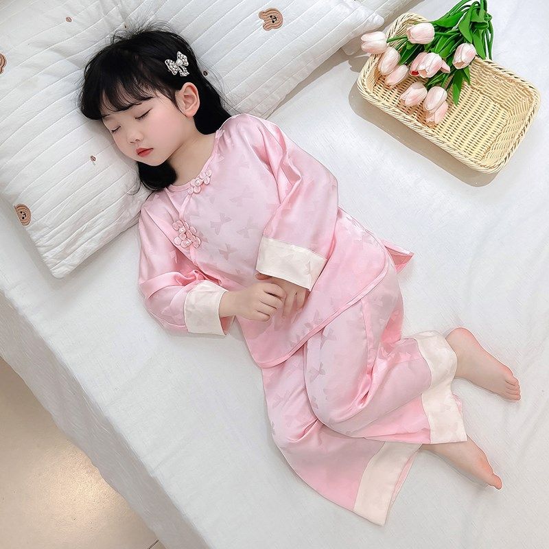 儿女童睡衣防着凉女孩冰丝绸2024新款春秋夏薄款宝宝中国风空调服