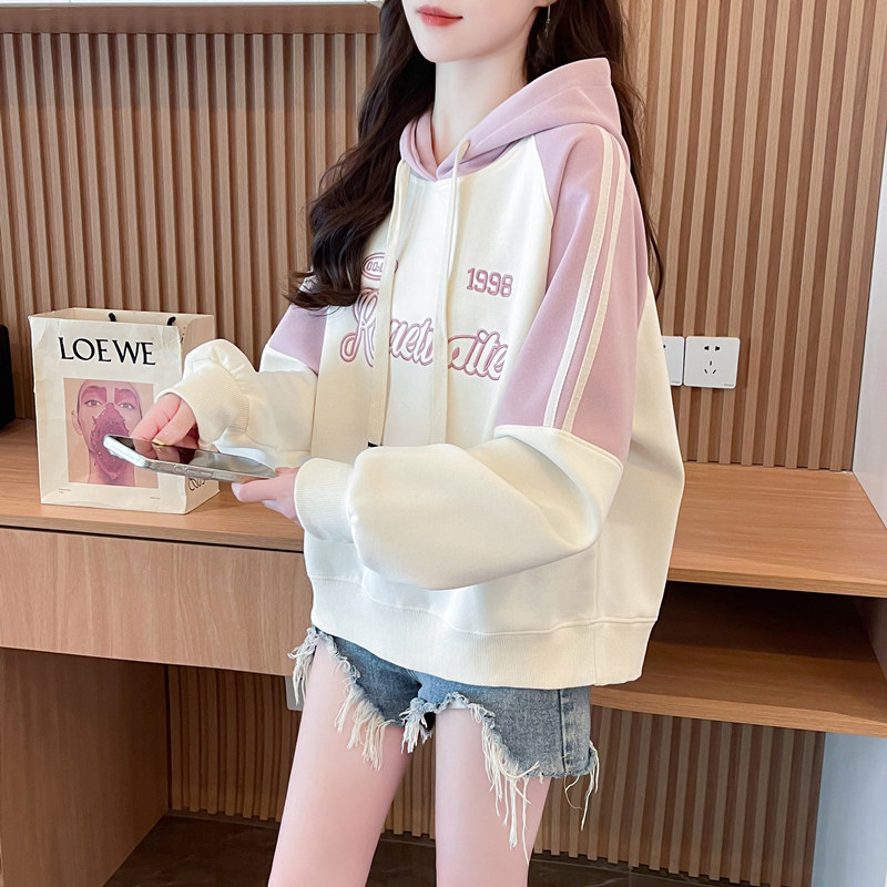 早秋小个子卫衣女春秋韩版宽松大码薄款学生百搭撞色连帽上衣外套