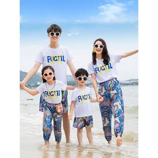 三亚海边度假沙滩情侣装全家亲子装母女父子夏装一家四口洋气套装