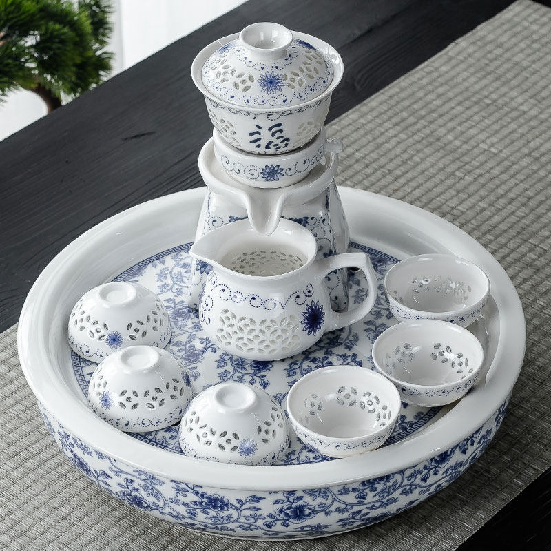 陶瓷茶盘大号储水圆形干泡w盘整套家用隔热双层功夫茶具套装功夫