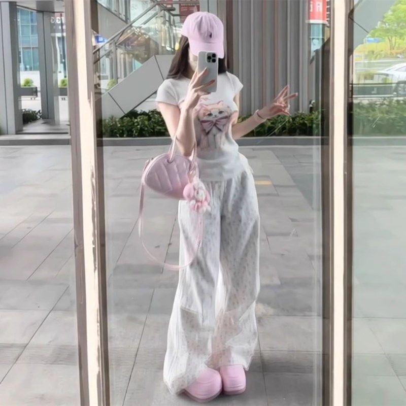 韩系网红显瘦T恤运动套装女夏学生宽松高腰阔腿裤休闲两件套时尚