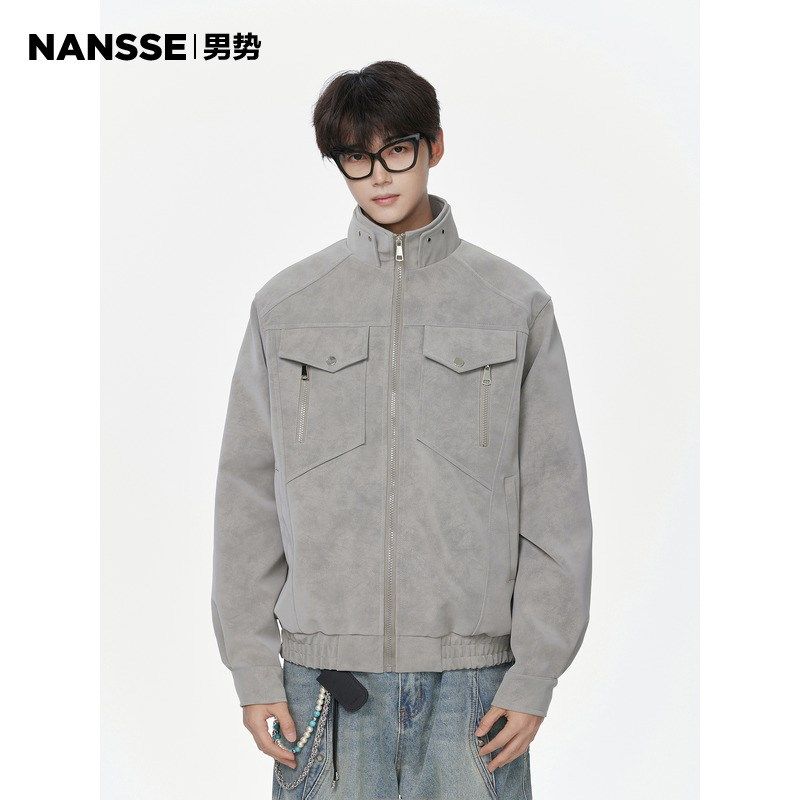 PU皮衣外套男款2025春季新款美式复古潮牌高级感宽松立领工装夹克