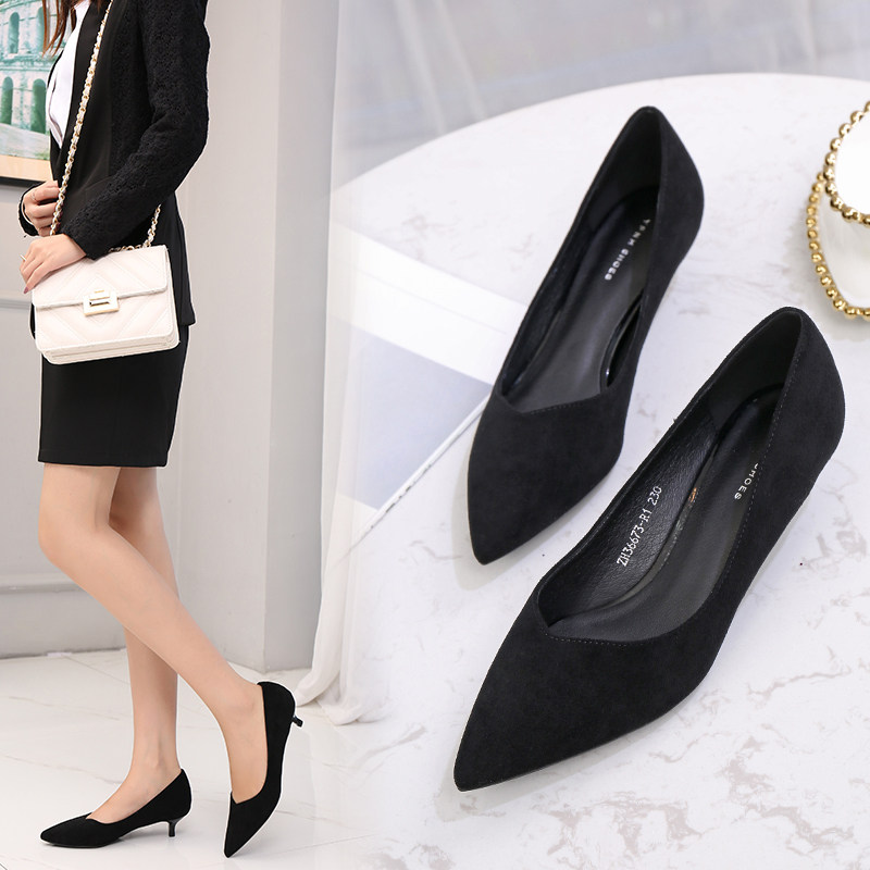 3cm高跟鞋女细跟磨砂绒面黑色面试工作鞋低跟矮跟职业尖头5cm单鞋