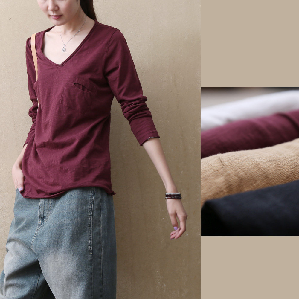 竹节棉 V领长袖小宽松T恤 女式纯色 纯棉 黑色白色 C188