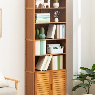 楠竹子书架简易置物架落地小型带门夹缝窄40长60宽30cm深竹制书柜