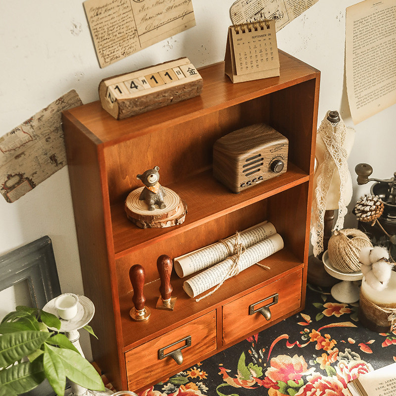 办公桌手账马克杯收纳盒抽屉式复古实木家用化妆品创意壁挂置物架